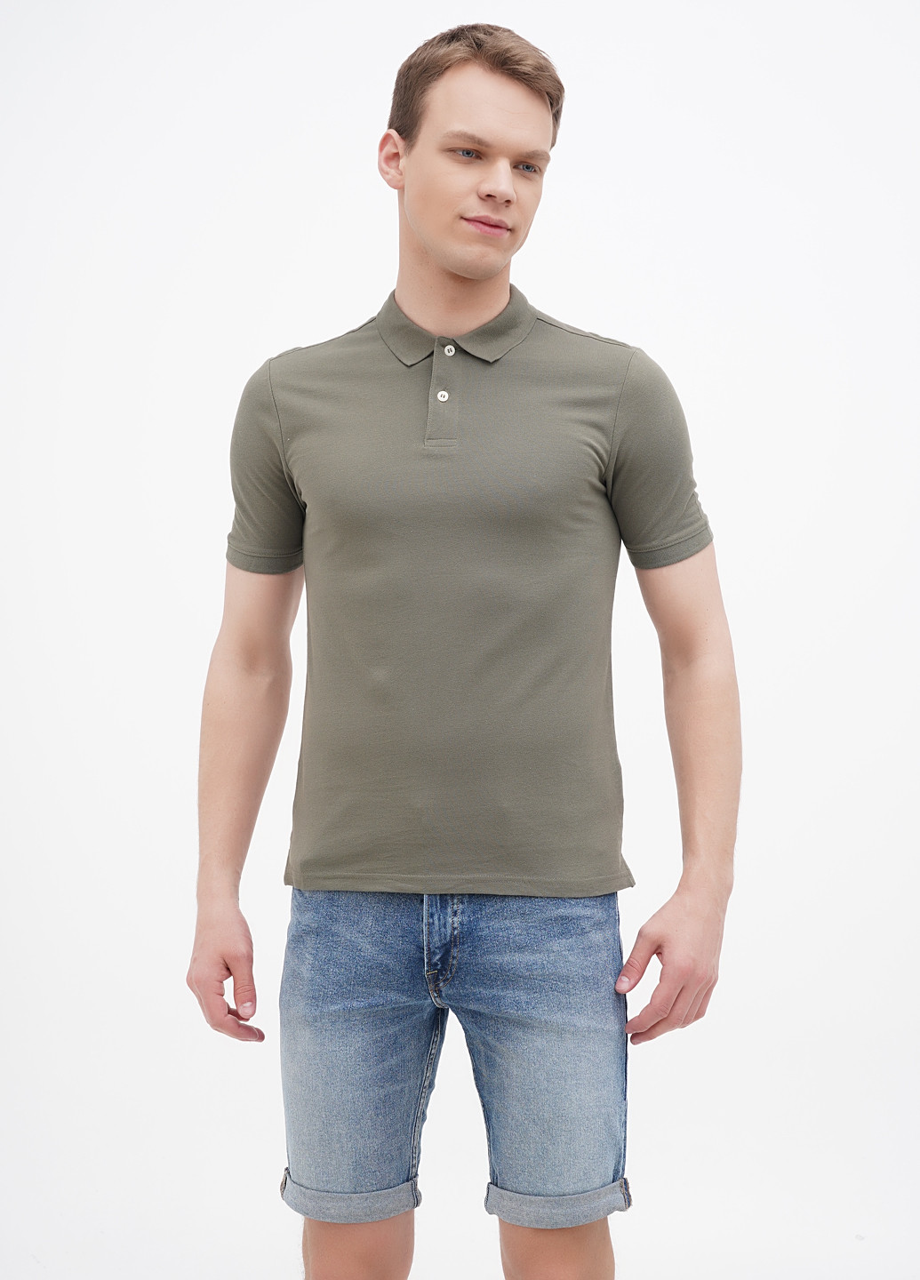 Оливковая футболка-поло для мужчин H&M однотонная