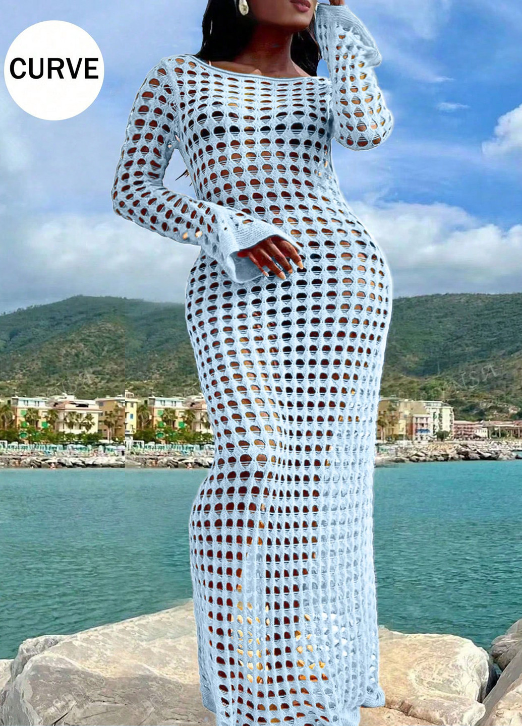 Голубое пляжное платье платье-свитер SHEIN однотонное