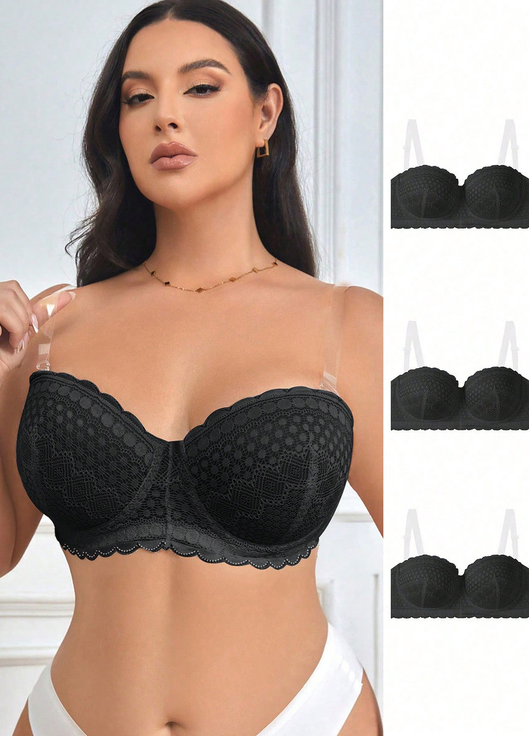 Чёрный балконет бюстгальтер (3 шт.) SHEIN с косточками полиамид