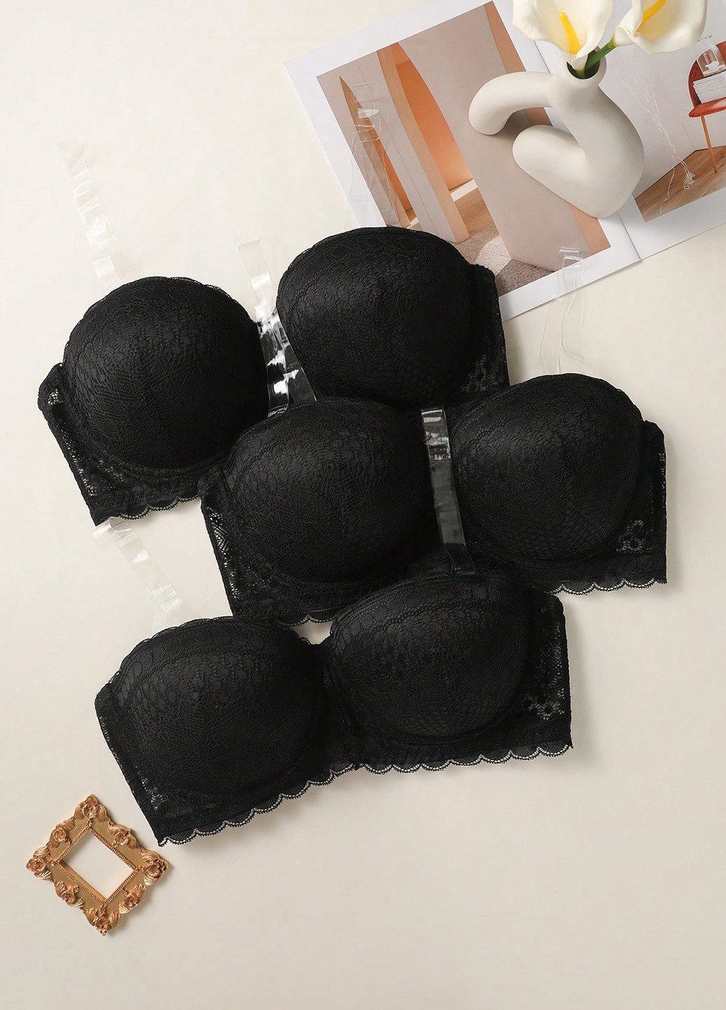 Чёрный балконет бюстгальтер (3 шт.) SHEIN с косточками полиамид