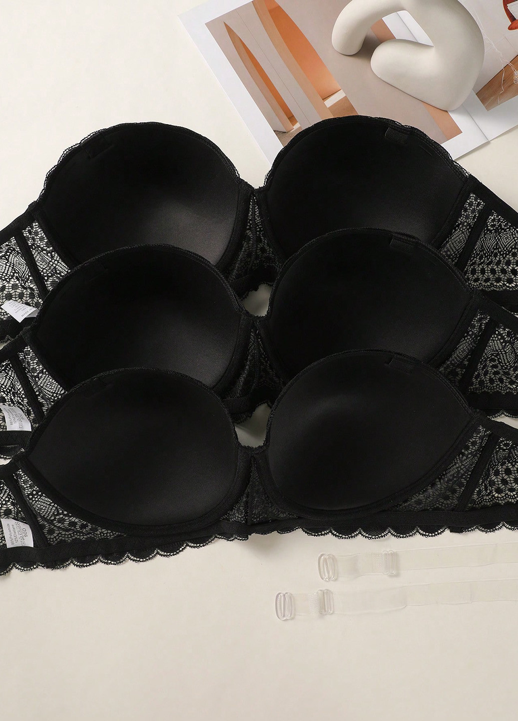 Чёрный балконет бюстгальтер (3 шт.) SHEIN с косточками полиамид