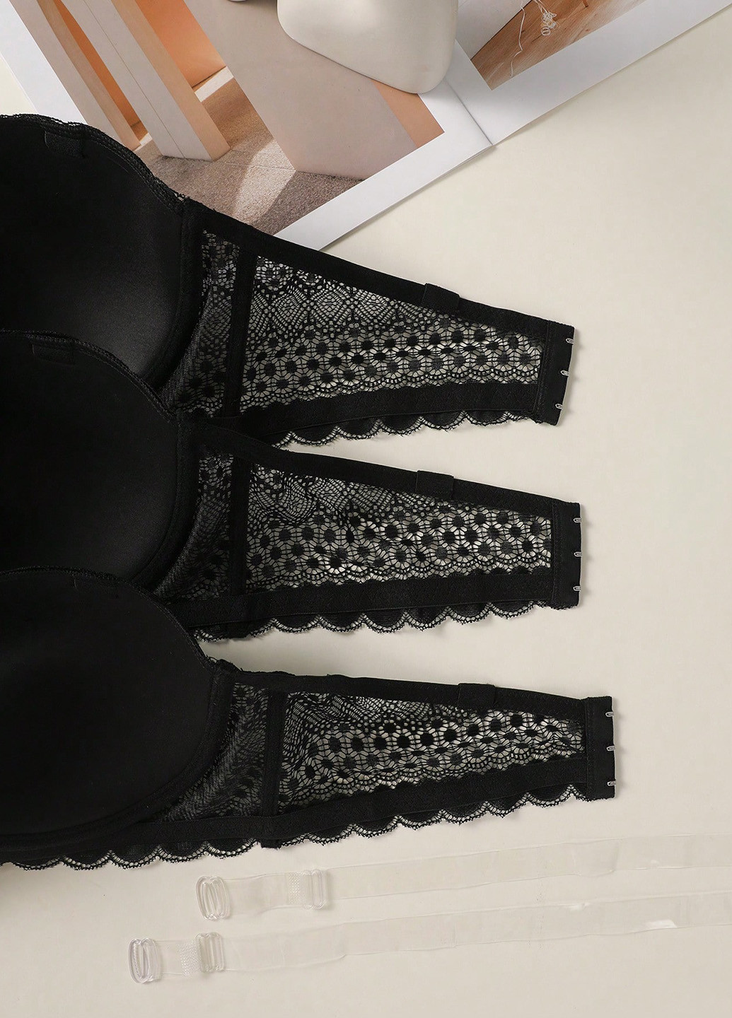 Чёрный балконет бюстгальтер (3 шт.) SHEIN с косточками полиамид