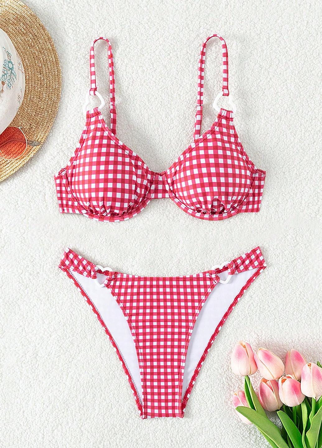 Красный летний купальник (купальный лиф, трусики) балконет, раздельный SHEIN