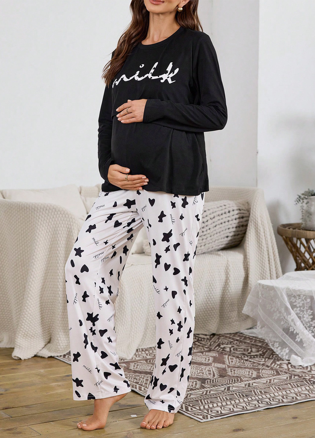 Черная всесезон пижама для беременных (лонгслив, брюки) лонгслив + брюки SHEIN