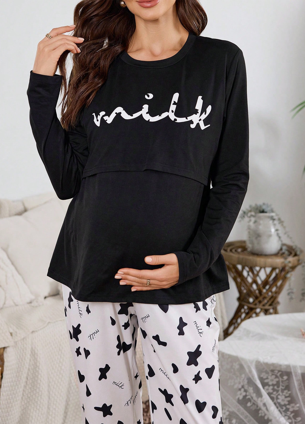 Черная всесезон пижама для беременных (лонгслив, брюки) лонгслив + брюки SHEIN