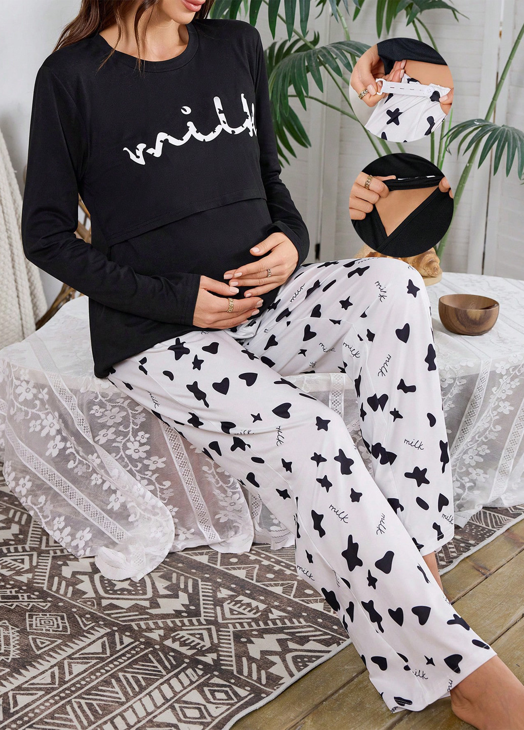 Черная всесезон пижама для беременных (лонгслив, брюки) лонгслив + брюки SHEIN