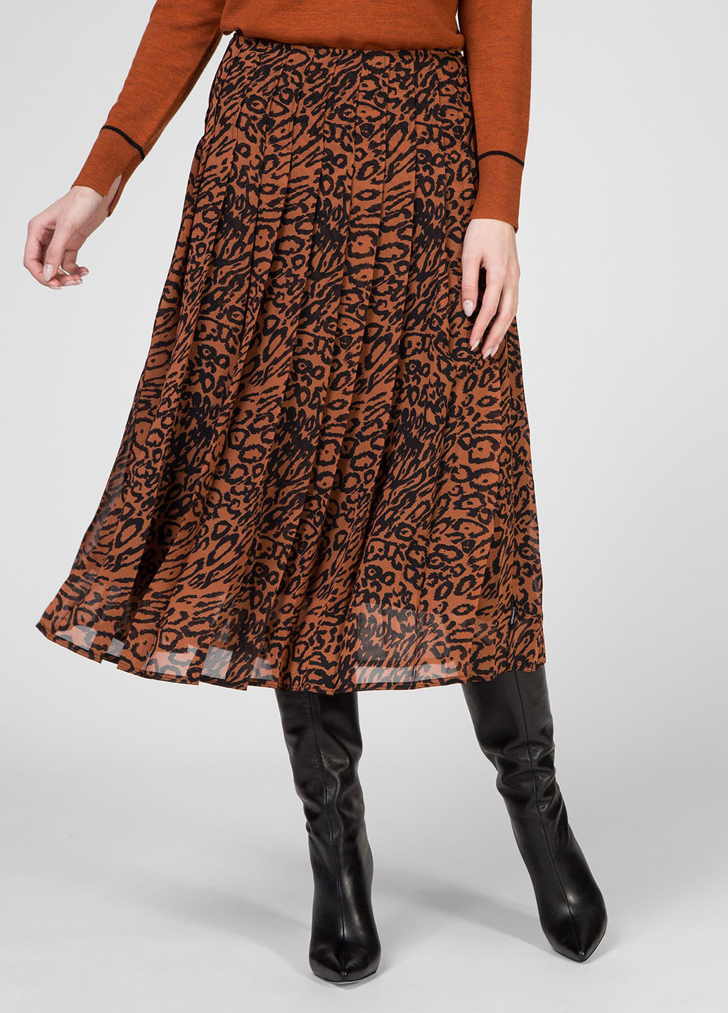 Коричневая кэжуал с абстрактным узором юбка Calvin Klein а-силуэта (трапеция), плиссе