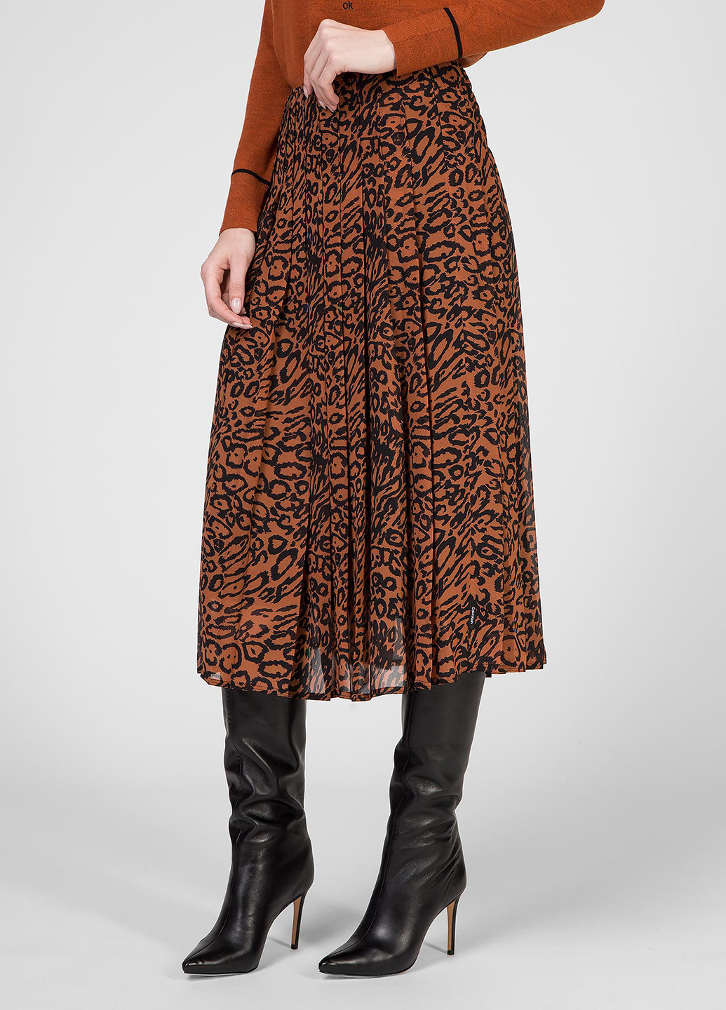 Коричневая кэжуал с абстрактным узором юбка Calvin Klein а-силуэта (трапеция), плиссе