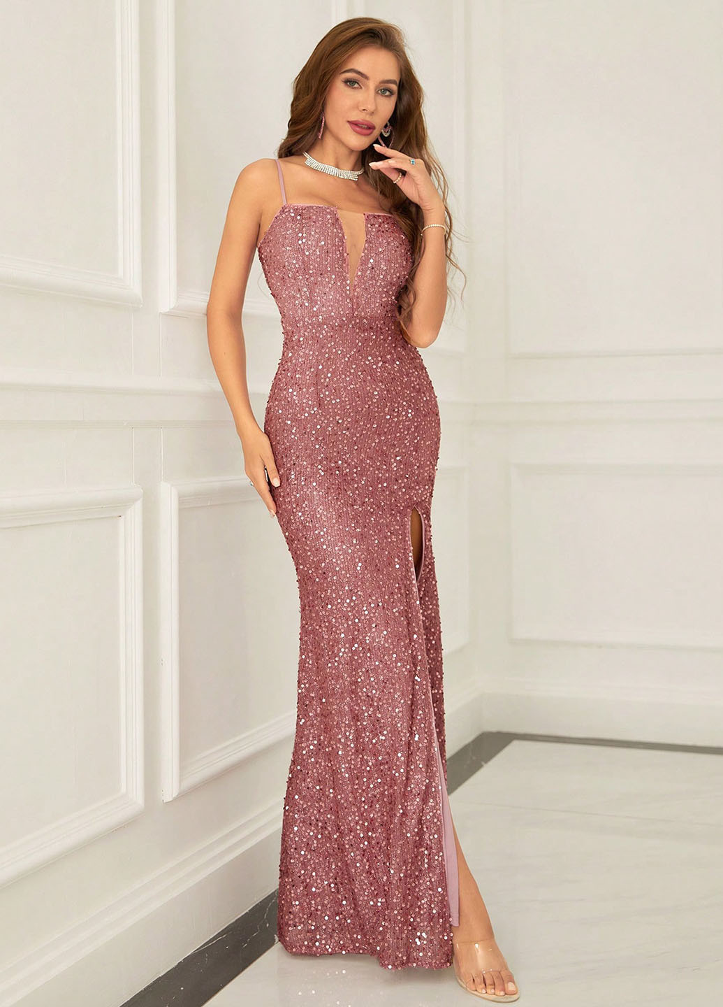 Розовое вечернее платье силуэтная SHEIN однотонное