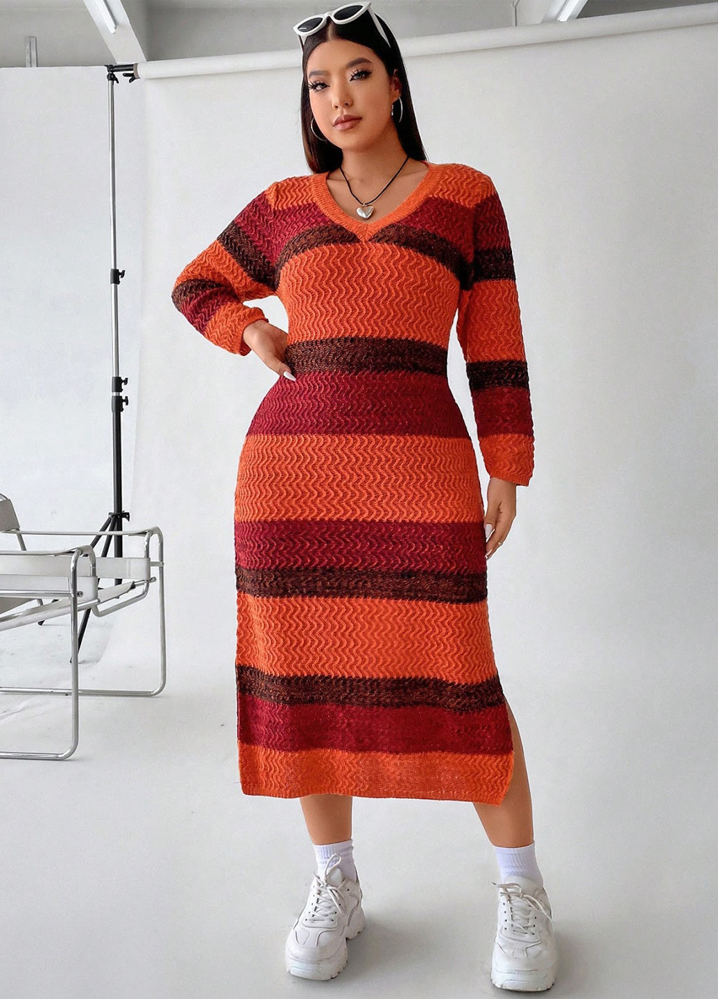Комбинированное кэжуал платье платье-свитер SHEIN в полоску