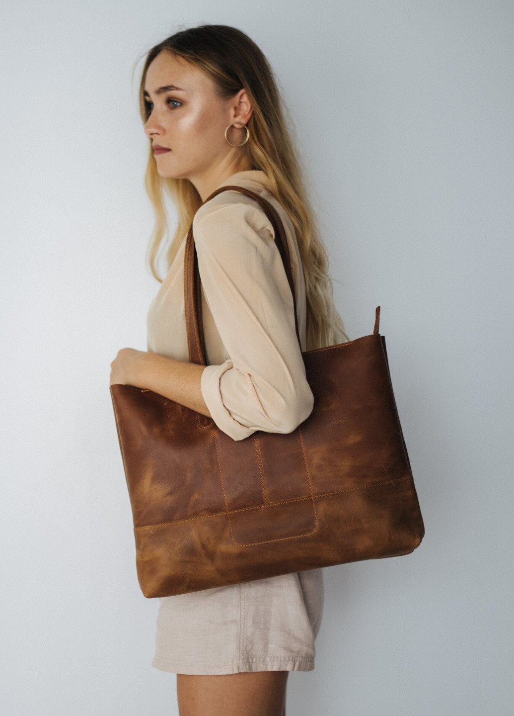 Містка жіноча сумка шоппер коньячного кольору з натуральної напівматової шкіри Boorbon (253342362)