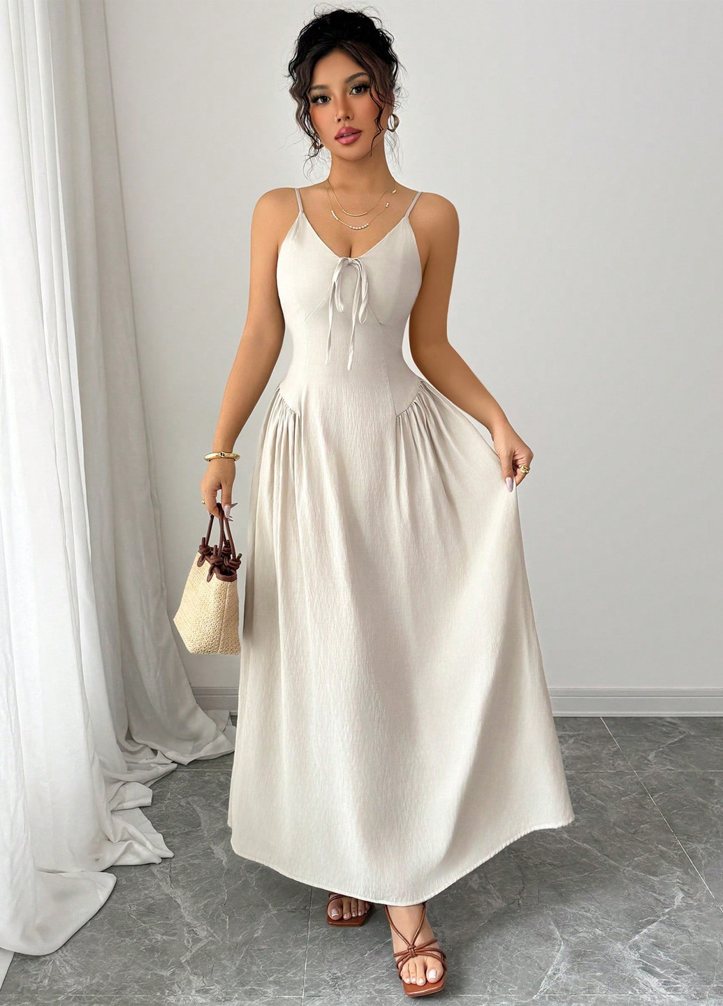 Кремовое кэжуал платье а-силуэт SHEIN однотонное
