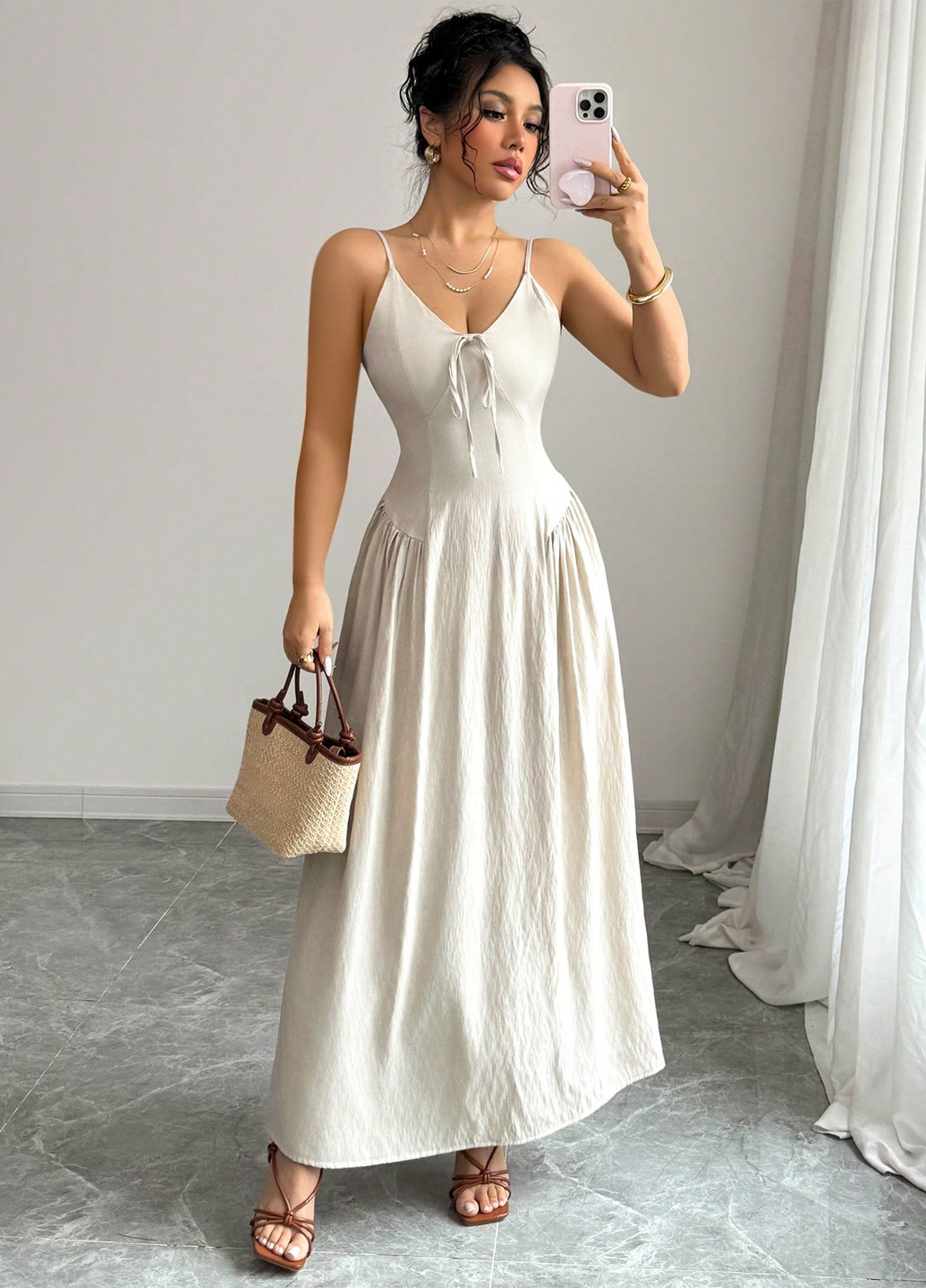 Кремовое кэжуал платье а-силуэт SHEIN однотонное