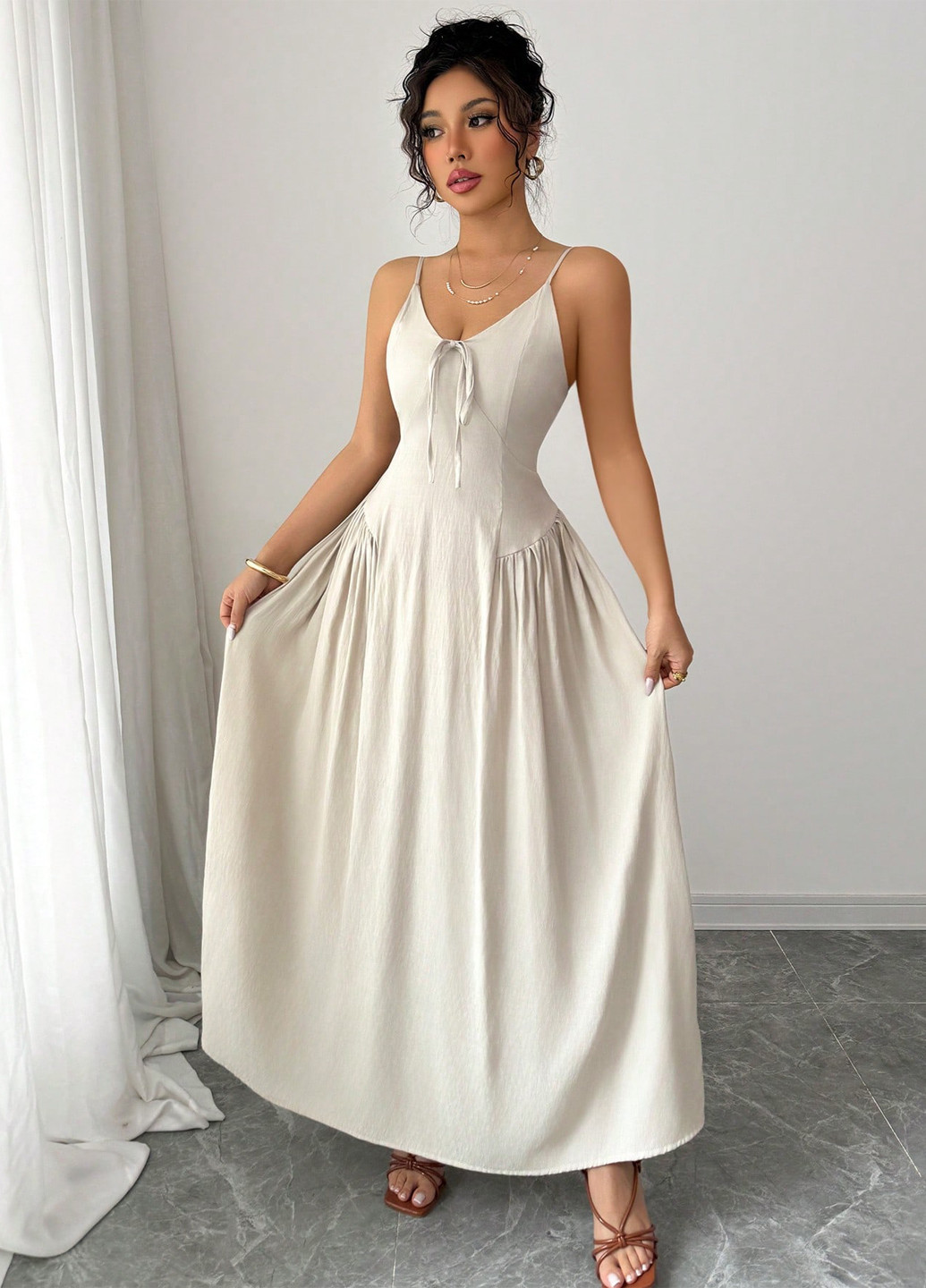 Кремовое кэжуал платье а-силуэт SHEIN однотонное