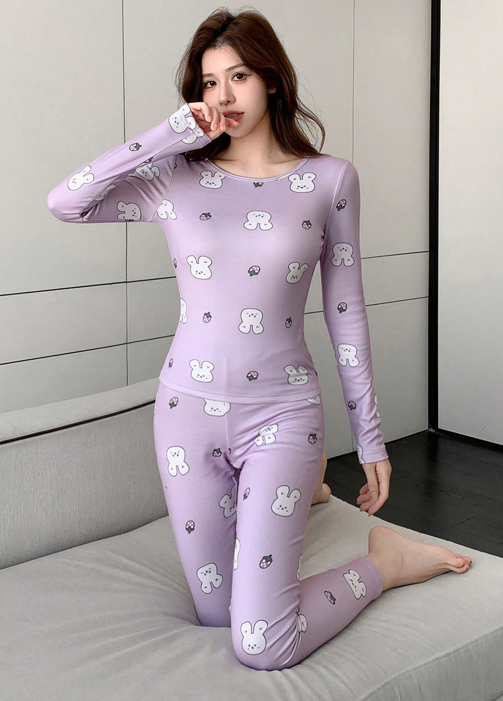 Світло-лілова всесезон піжами (лонгслів, штани) лонгслів + брюки SHEIN