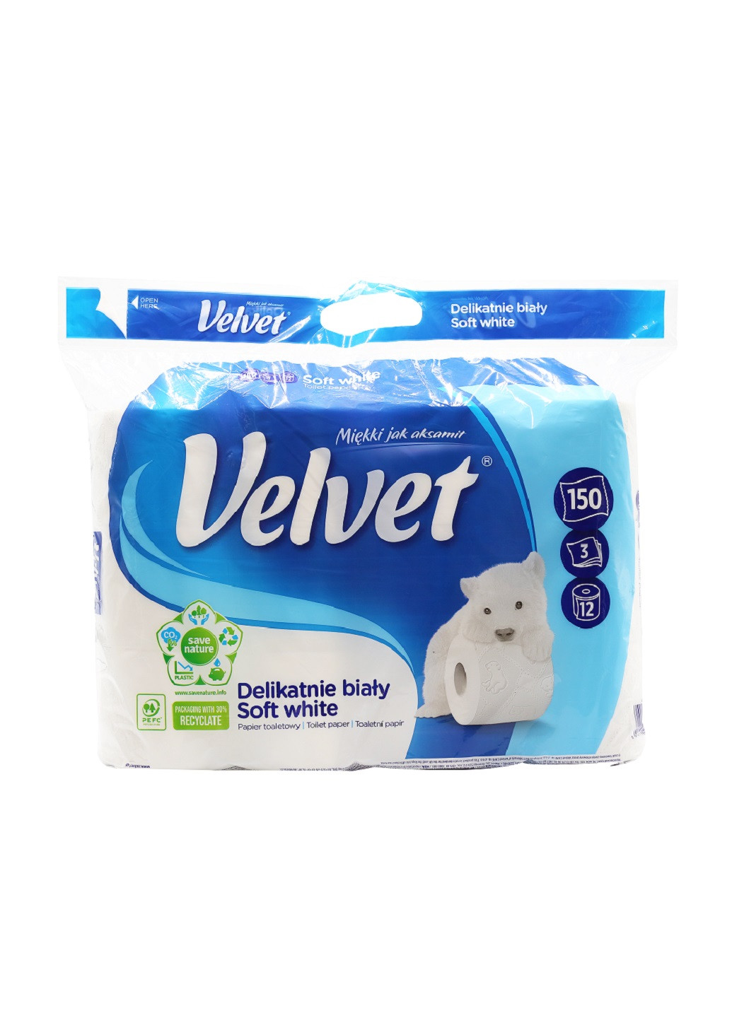 Туалетний папір Soft White тришаровий 150 відривів 12 рулонів Velvet (254794970)