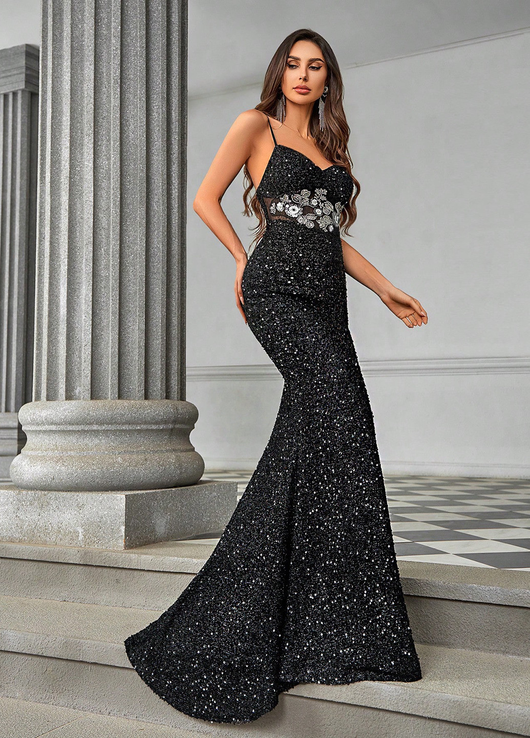 Черное вечернее платье со шлейфом, силуэтная SHEIN однотонное