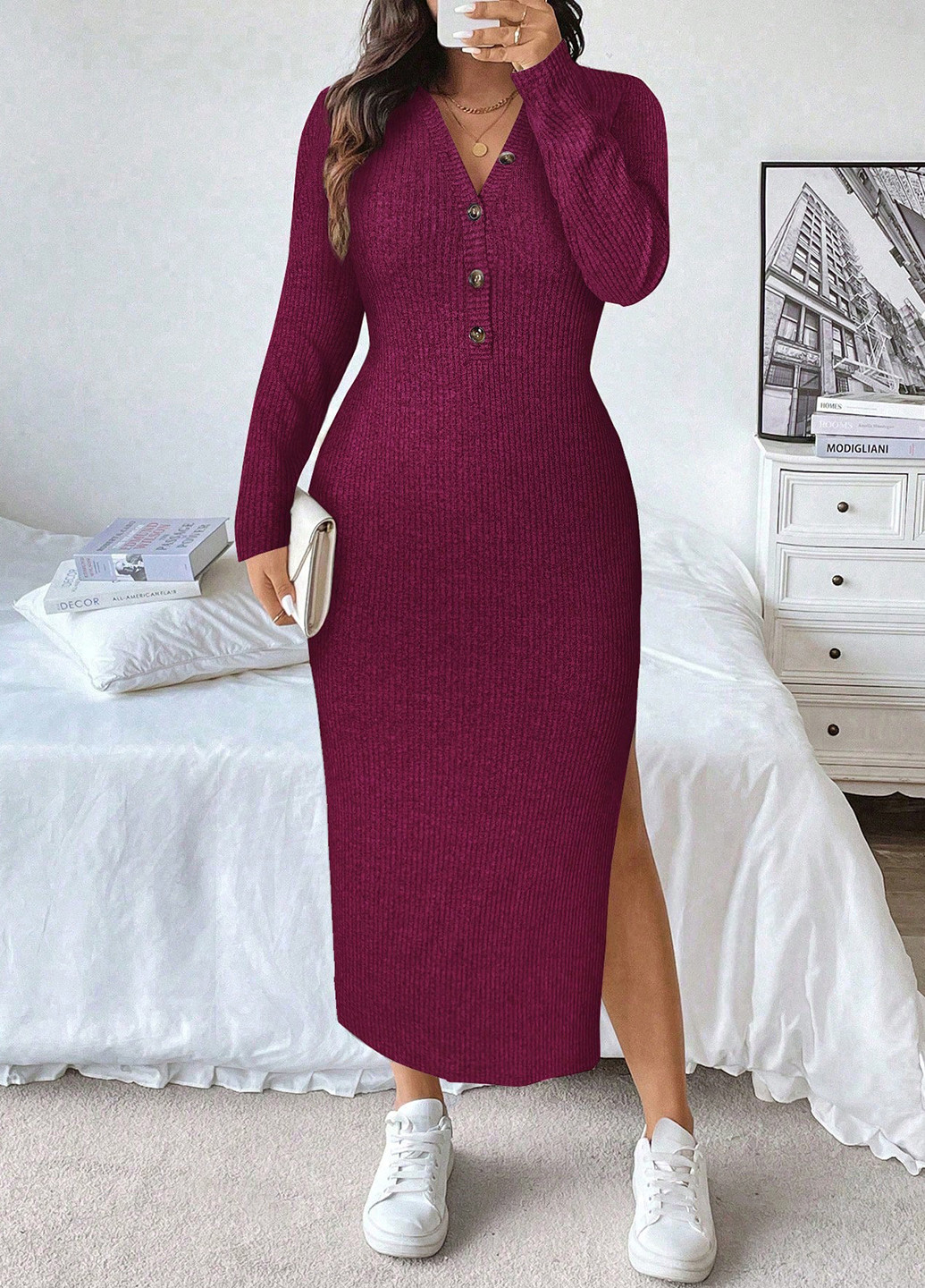 Сливовое праздничный, кэжуал платье а-силуэт, платье-свитер SHEIN однотонное