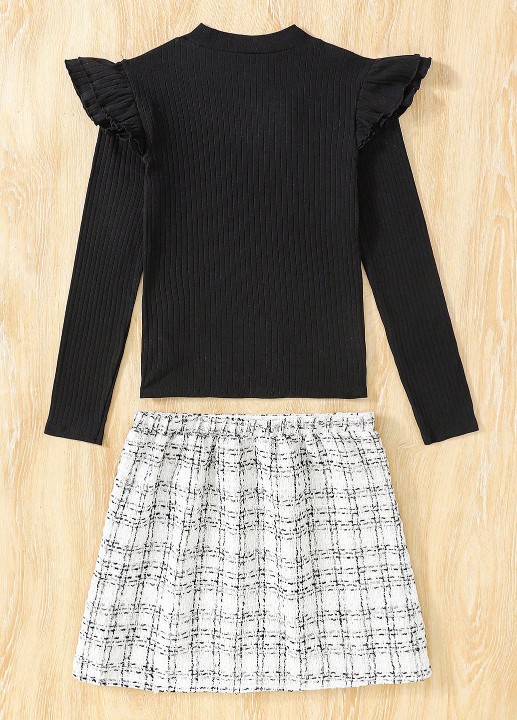 Черно-белый демисезонный костюм (лонгслив, юбка) юбочный SHEIN
