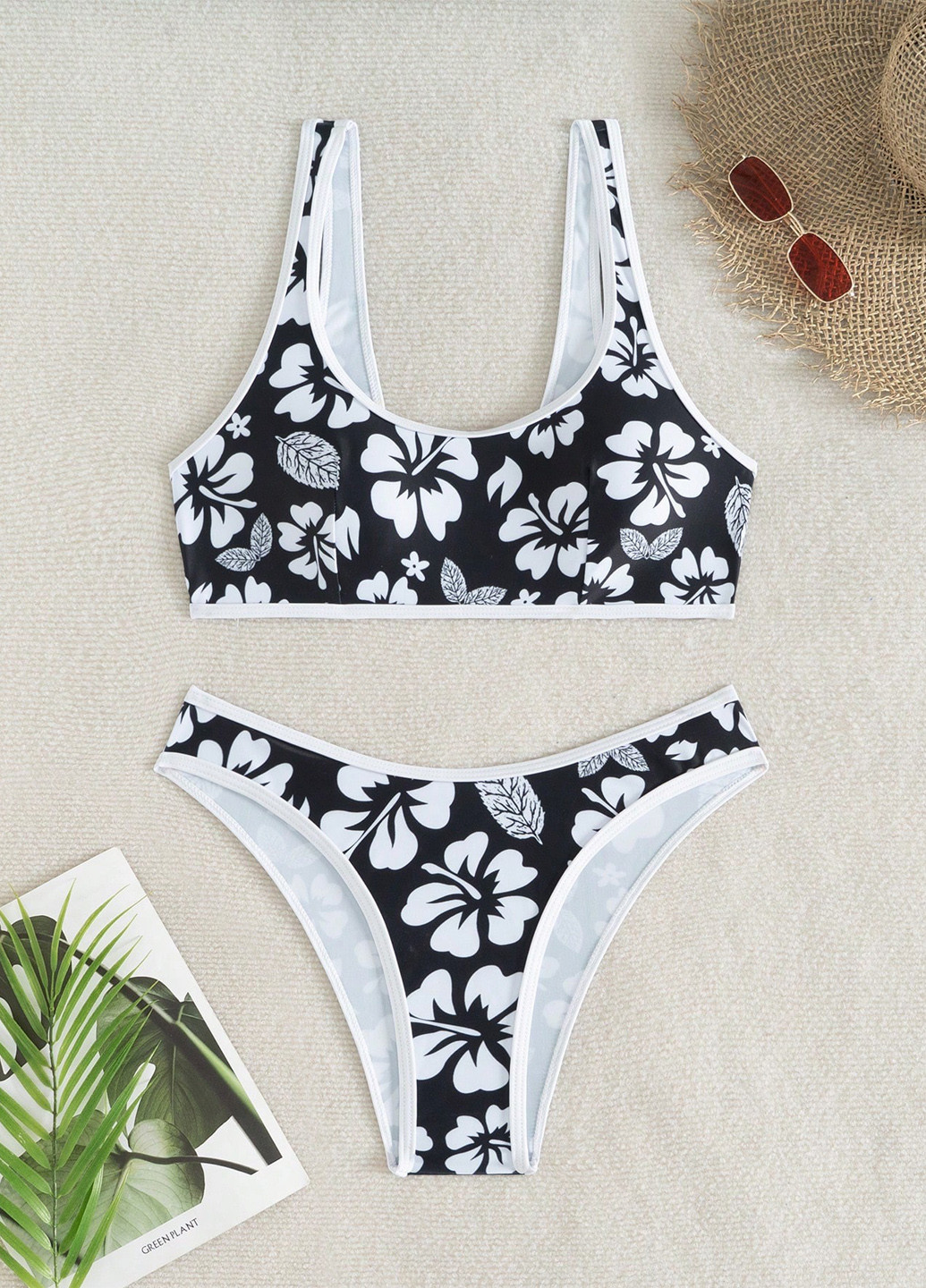 Черно-белый летний купальник (лиф, трусики) топ, раздельный SHEIN