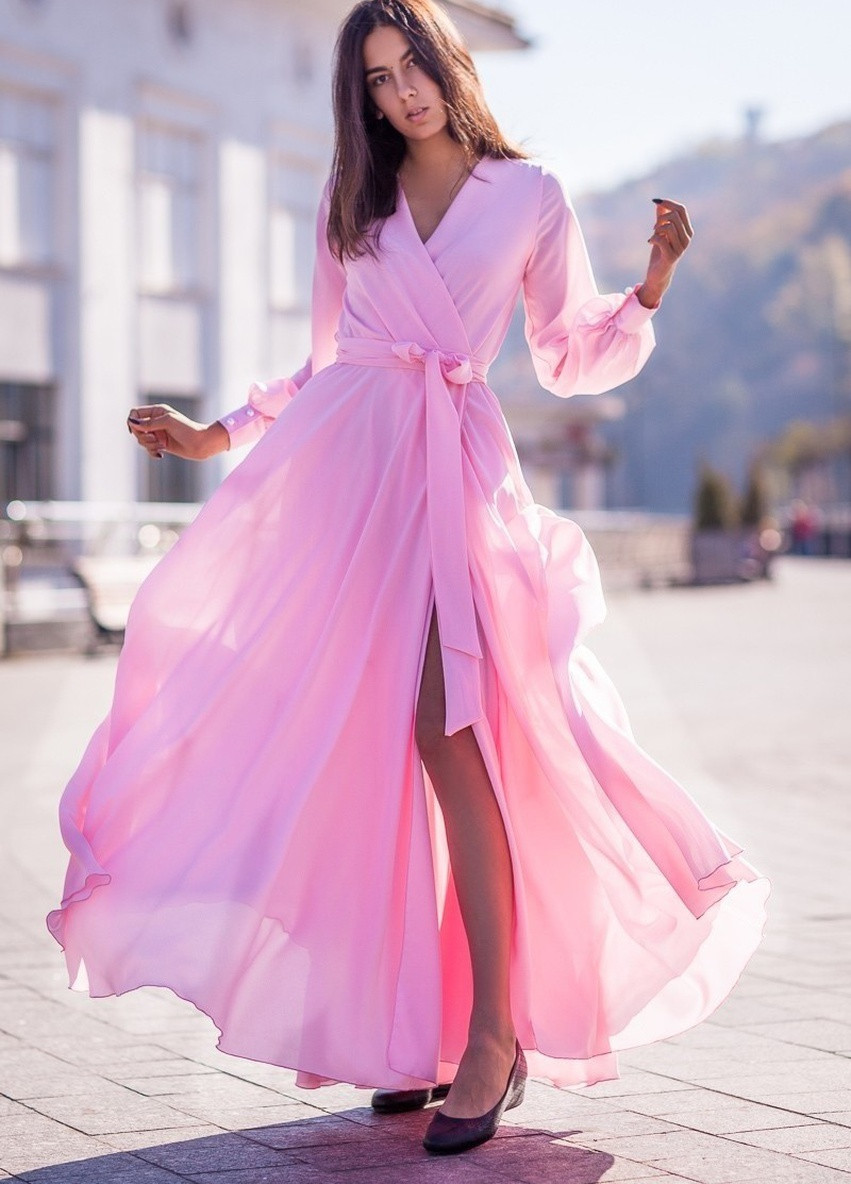 Светло-розовое вечернее платье а-силуэт, с юбкой-солнце, на запах FashionYouWant однотонное