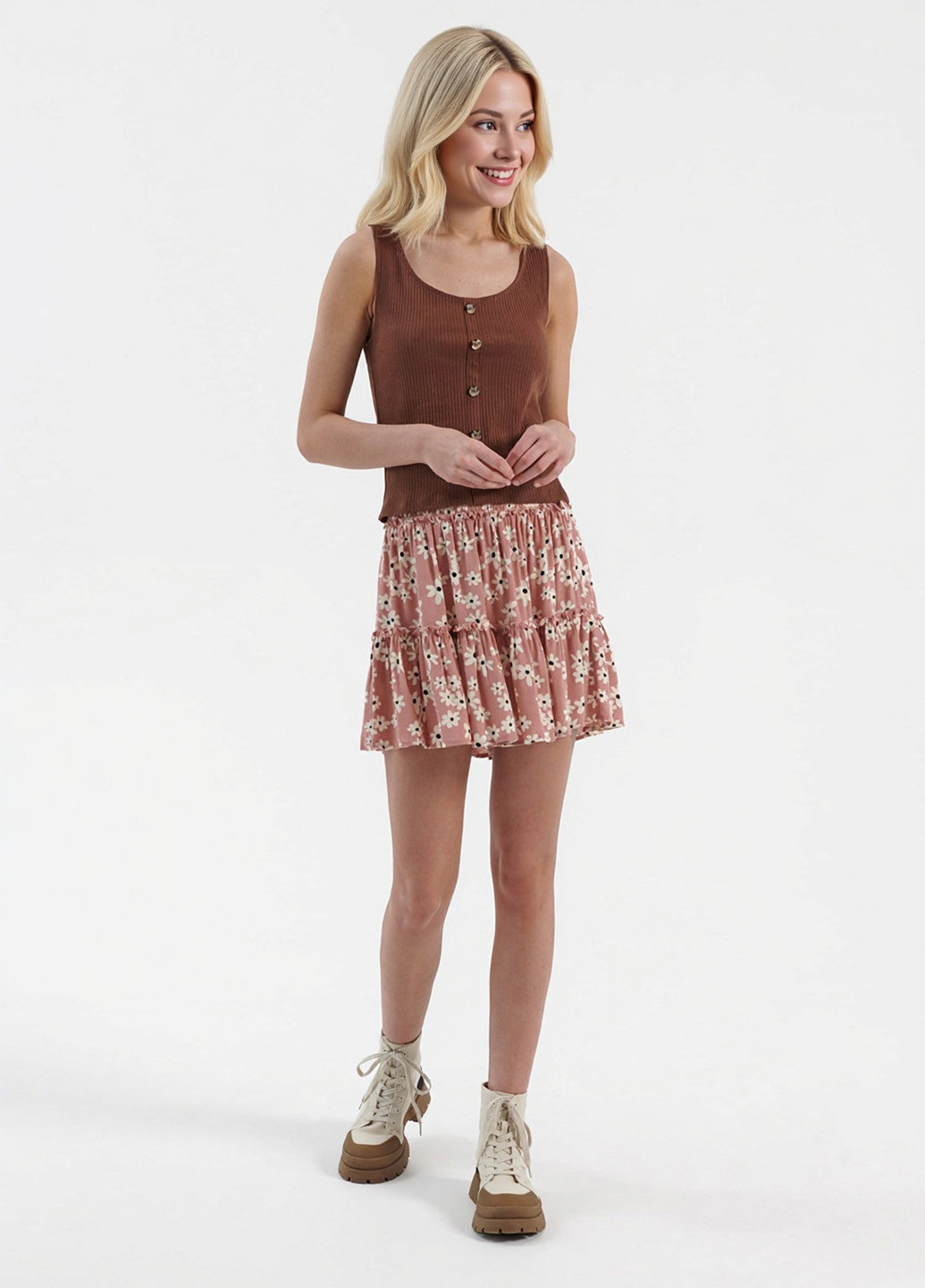 Розово-коричневая кэжуал цветочной расцветки юбка House клешированная