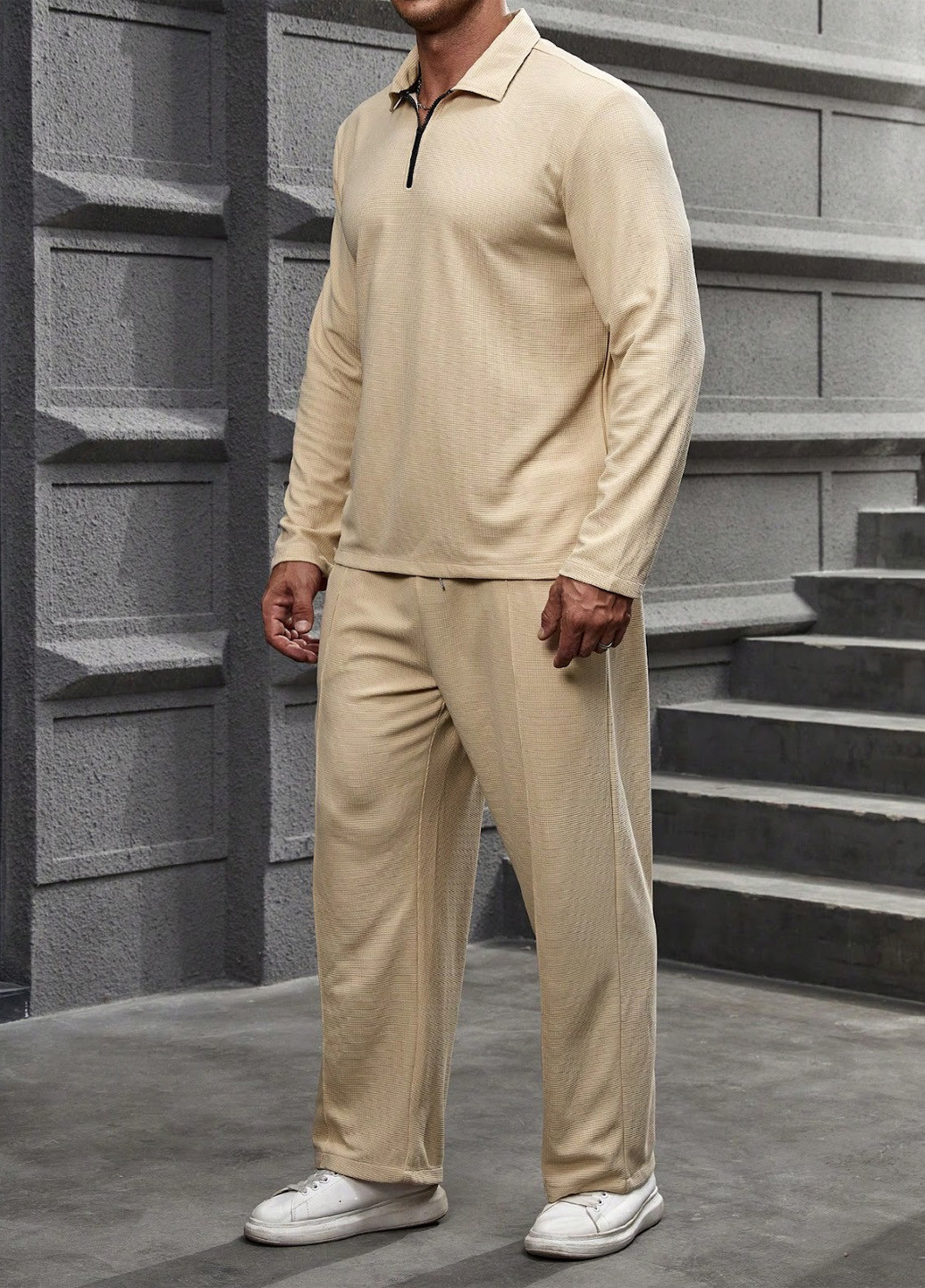 Светло-бежевый демисезонный костюм (лонгслив, брюки) брючный SHEIN