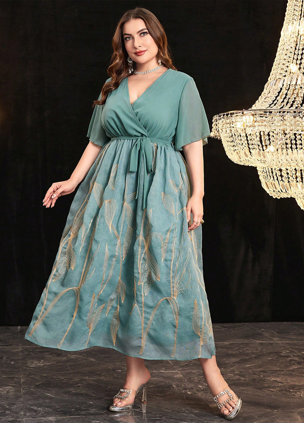 Сіро-зелена кежуал, вечірня сукня з пишною спідницею, на запах SHEIN однотонна