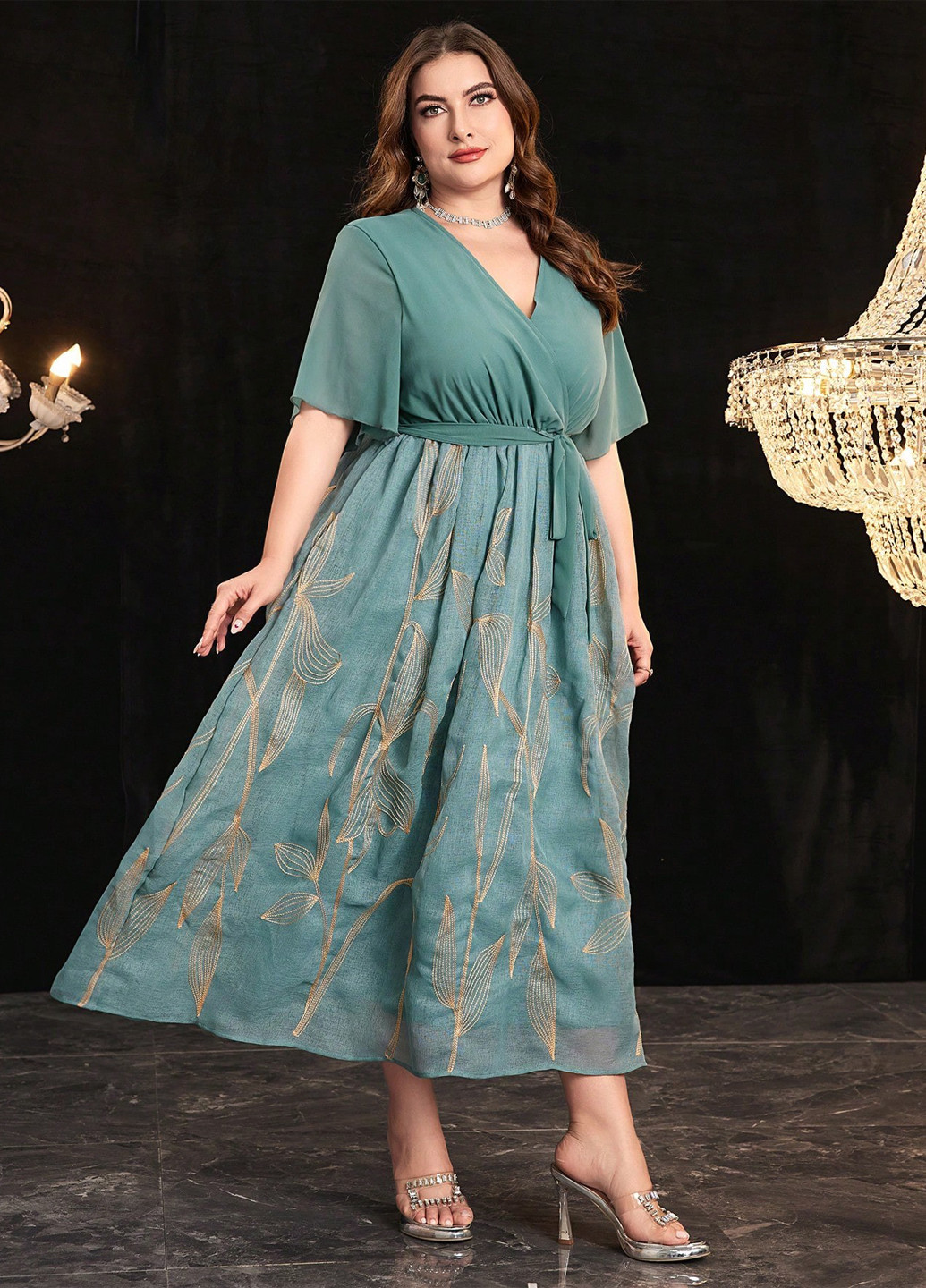 Сіро-зелена кежуал, вечірня сукня з пишною спідницею, на запах SHEIN однотонна