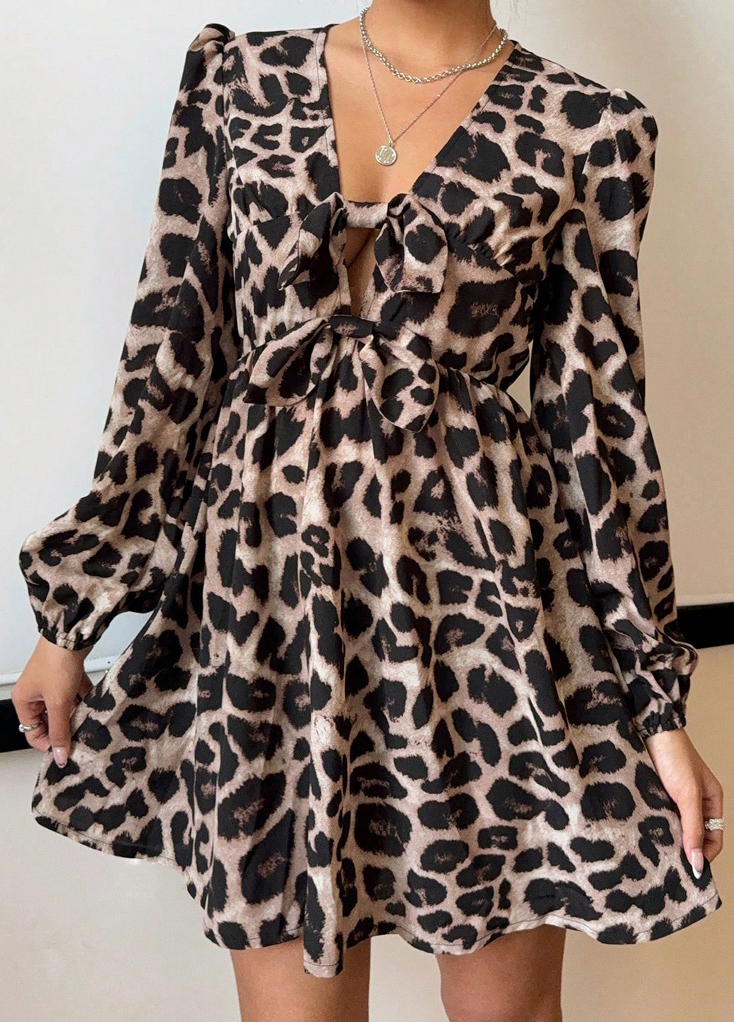 Светло-коричневое кэжуал платье а-силуэт SHEIN леопардовый