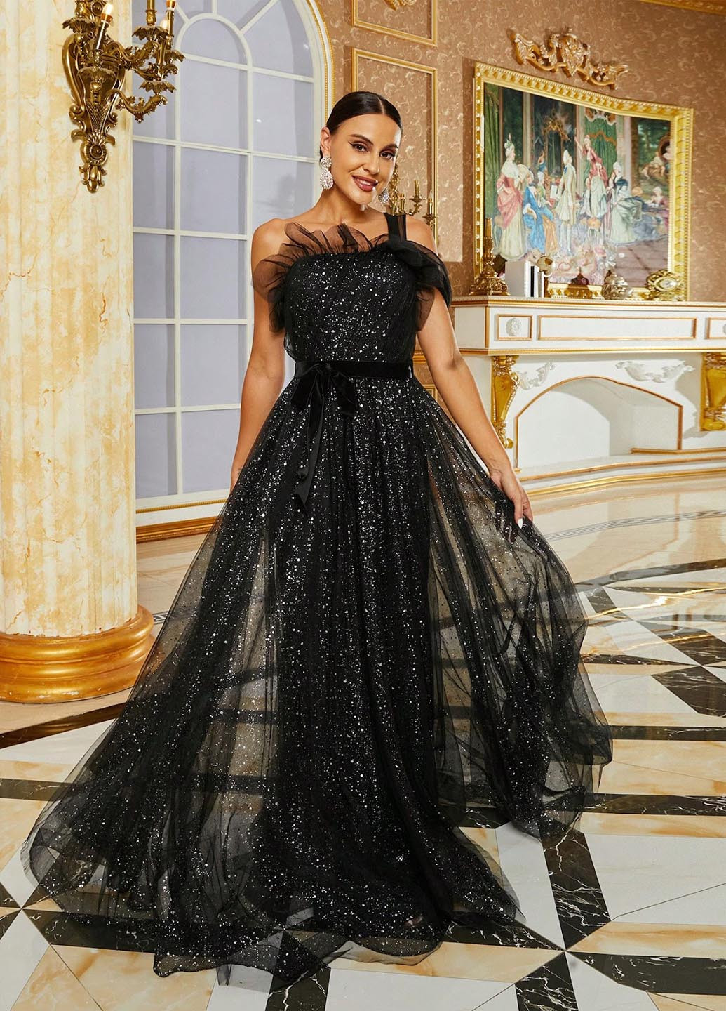 Черное праздничный платье на одно плечо SHEIN однотонное