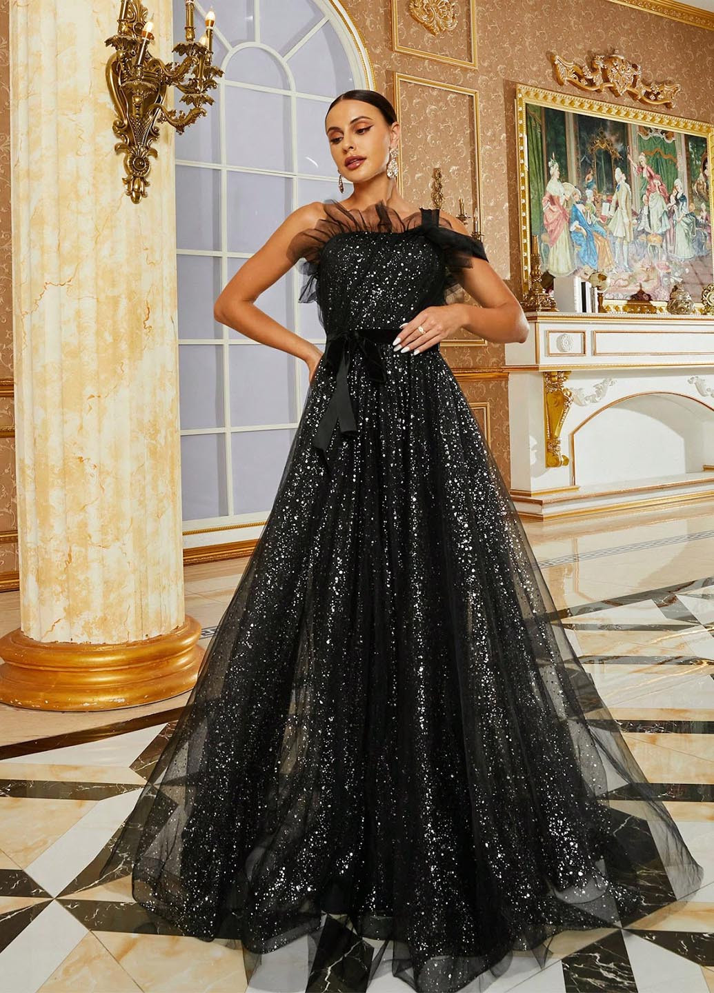 Черное праздничный платье на одно плечо SHEIN однотонное