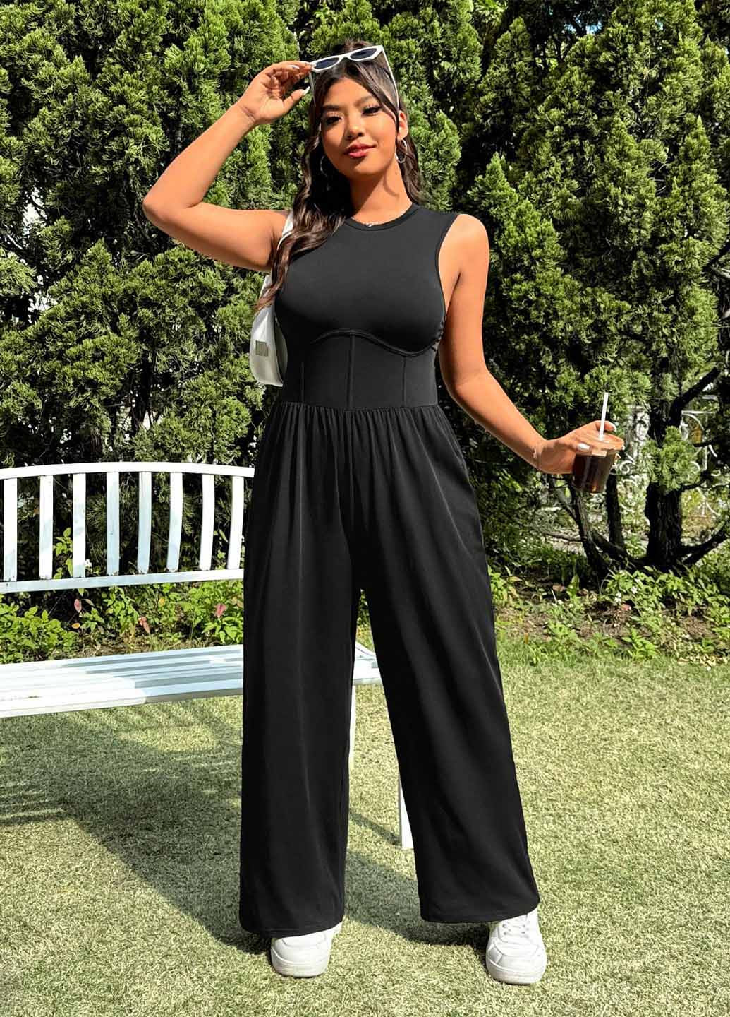 Комбинезон SHEIN комбинезон-брюки однотонный чёрный кэжуал полиэстер, трикотаж