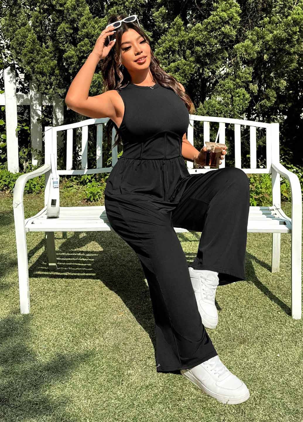 Комбинезон SHEIN комбинезон-брюки однотонный чёрный кэжуал полиэстер, трикотаж