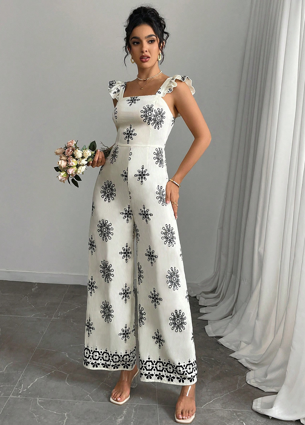 Комбінезон SHEIN комбінезон-брюки малюнок білий коктейльний, діловий, кежуал віскоза