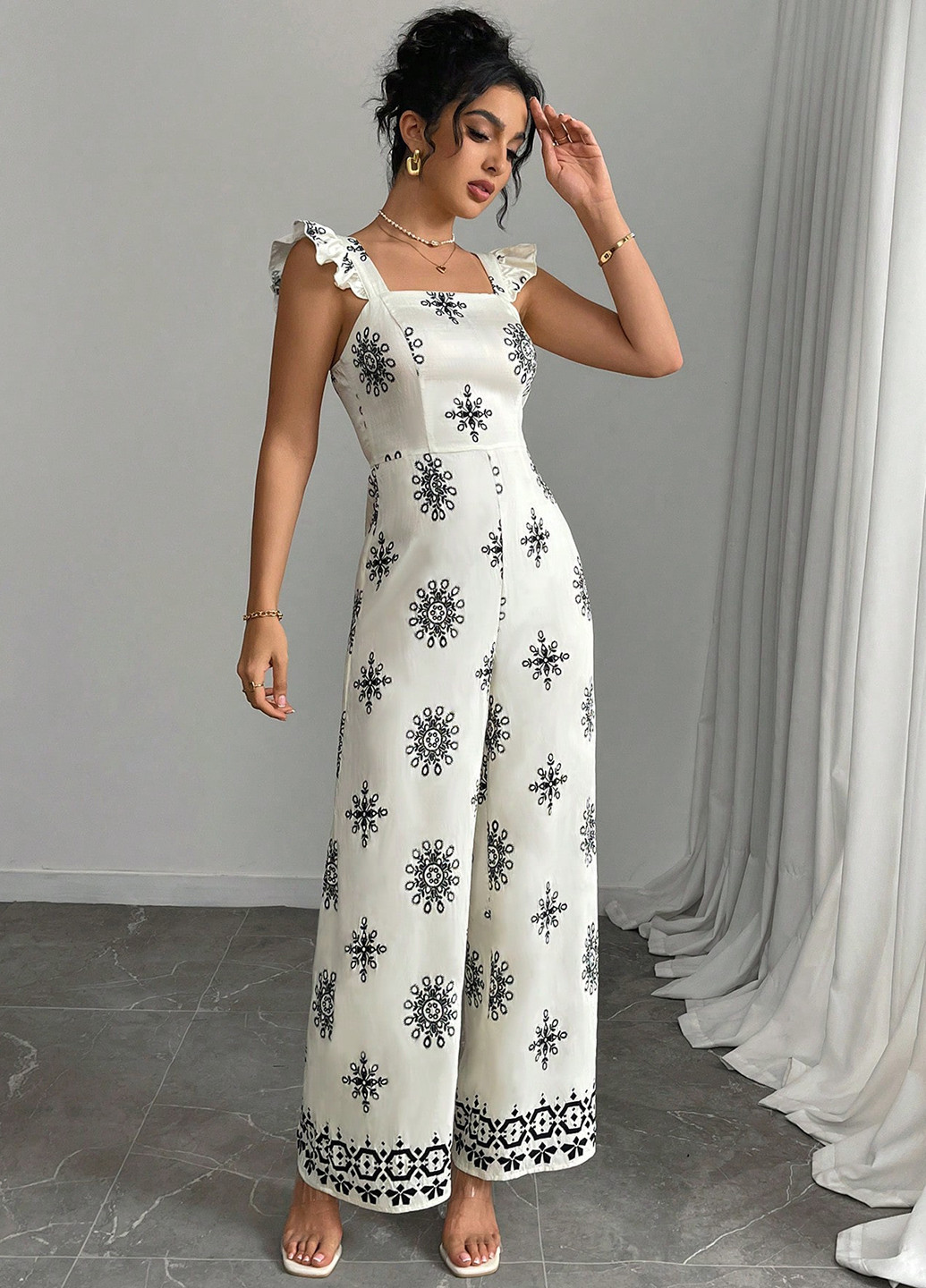 Комбінезон SHEIN комбінезон-брюки малюнок білий коктейльний, діловий, кежуал віскоза