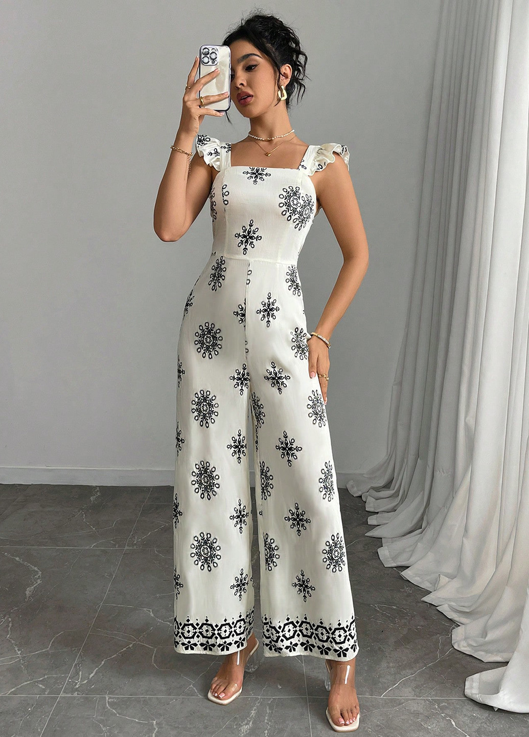 Комбінезон SHEIN комбінезон-брюки малюнок білий коктейльний, діловий, кежуал віскоза