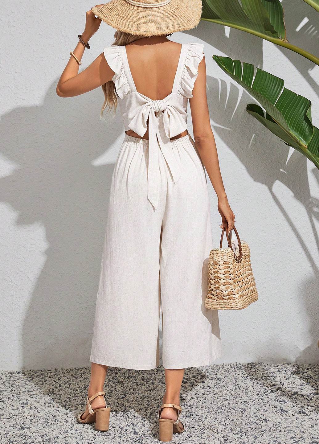 Комбинезон SHEIN комбинезон-брюки однотонный светло-бежевый кэжуал лен, вискоза