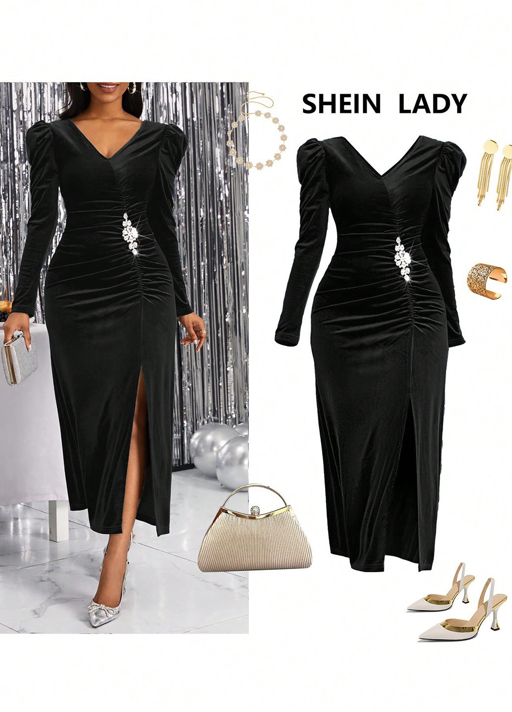 Черное вечернее платье силуэтная SHEIN однотонное