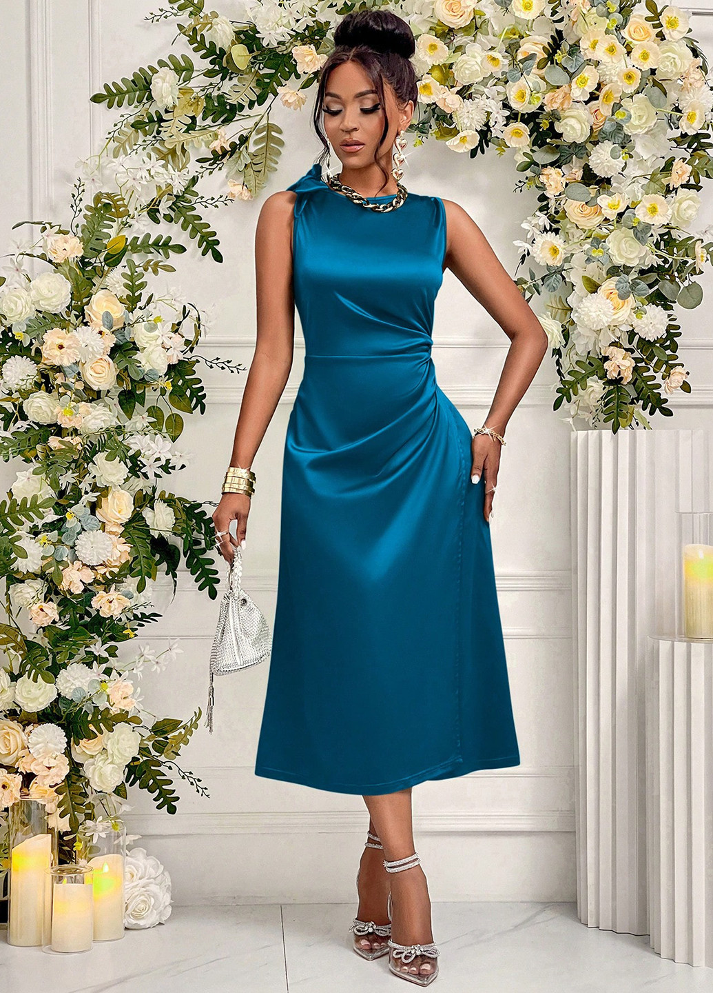 Морської хвилі святковий, вечірня, кежуал сукня на запах, а-силует SHEIN однотонна