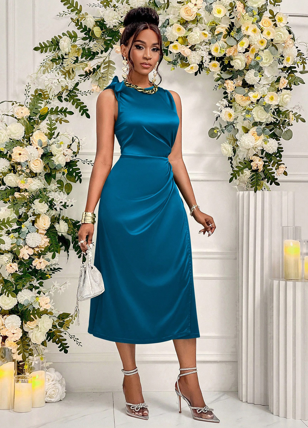 Морської хвилі святковий, вечірня, кежуал сукня на запах, а-силует SHEIN однотонна