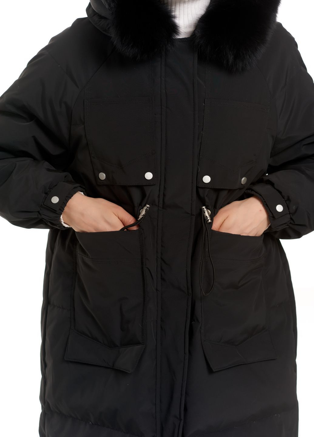 Черная зимняя подовжений теплий пальто-пуховик з зйомним хутром Actors