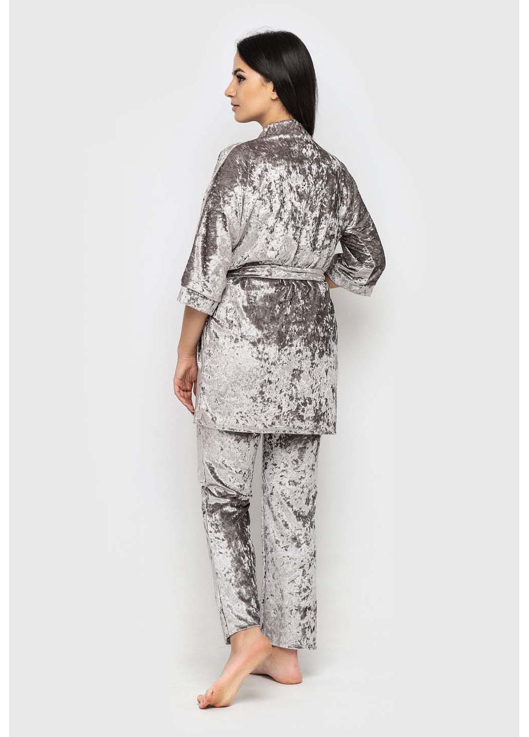 Сірий демісезонний комплект халат + майка + брюки Ghazel