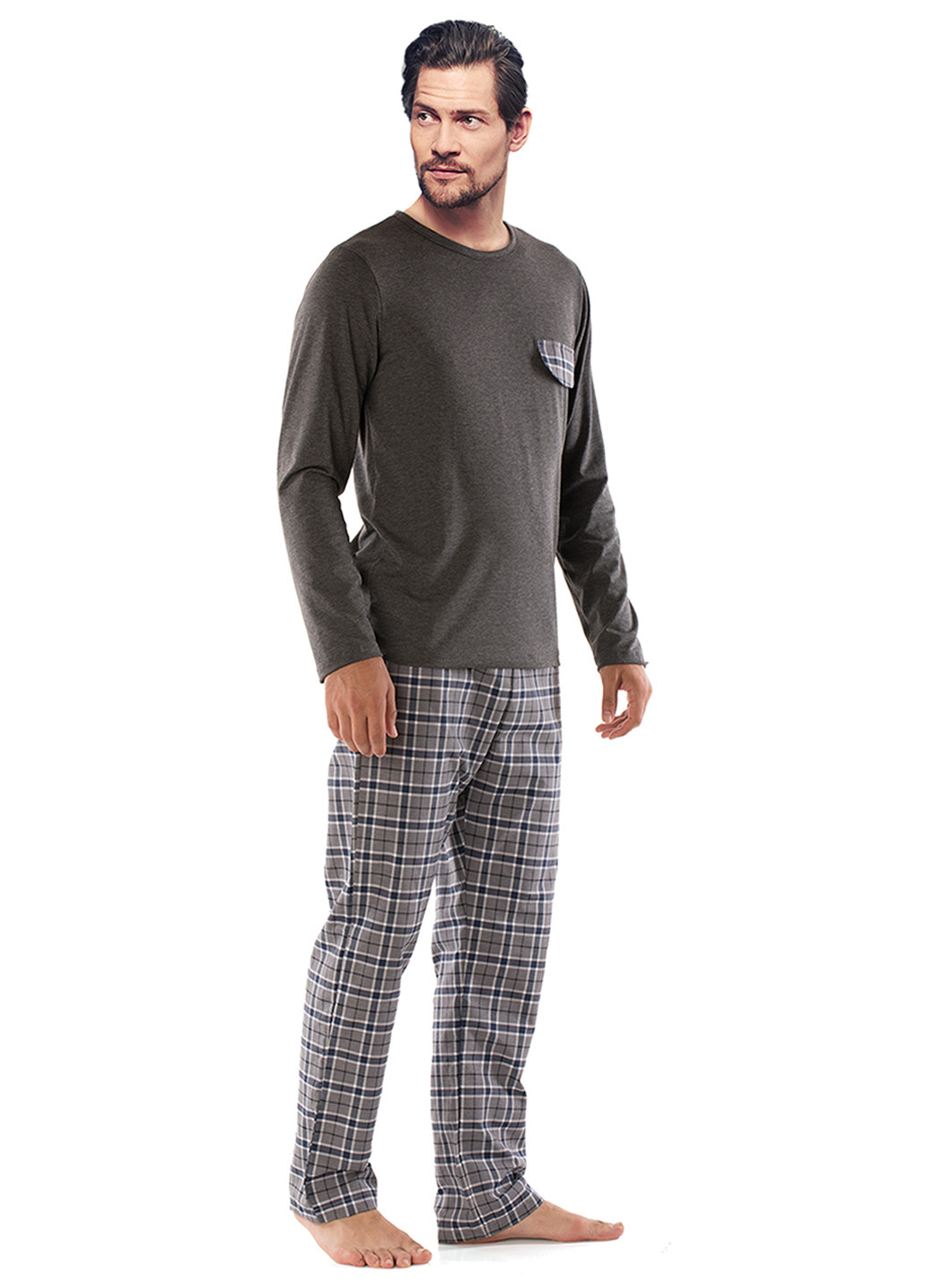 Пижама (лонгслив, брюки) DoReMi лонгслив + брюки клетка графитовая домашняя полиэстер, хлопок