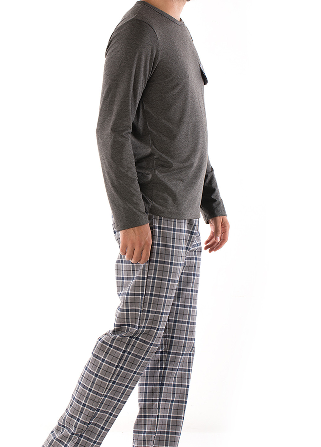 Пижама (лонгслив, брюки) DoReMi лонгслив + брюки клетка графитовая домашняя полиэстер, хлопок