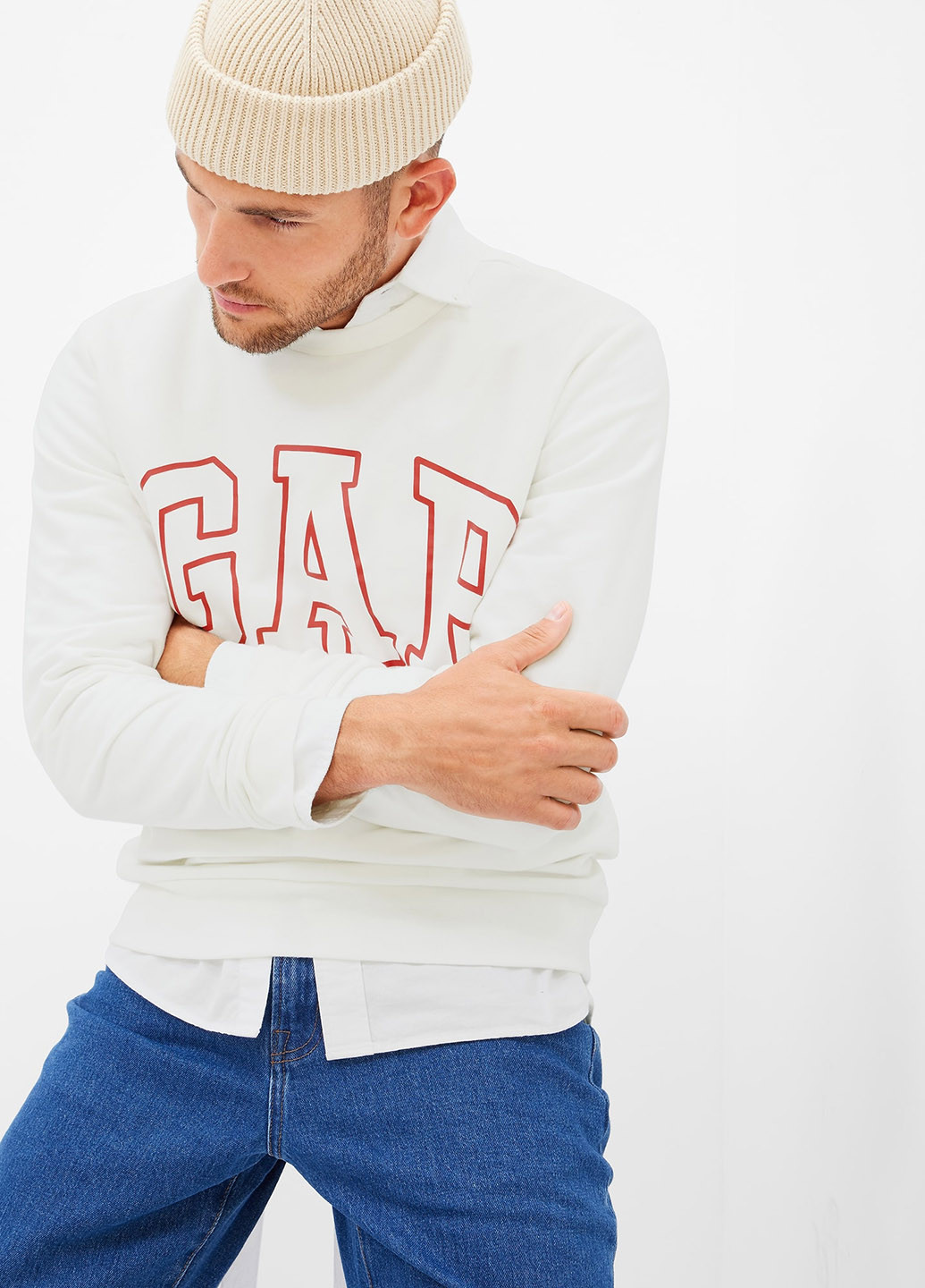 Свитшот Gap - Прямой крой логотип белый кэжуал хлопок, футер - (256996612)