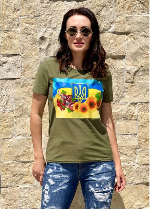 Хаки (оливковая) летняя женская футболка подсолнухи Look & Buy