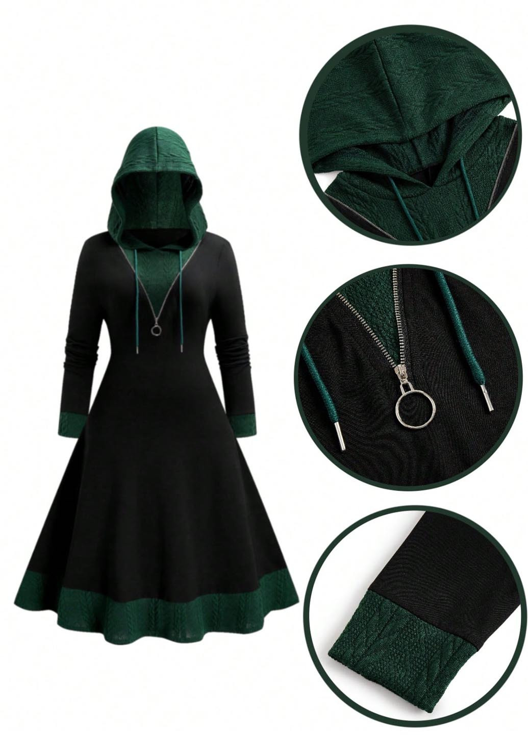 Темно-зеленое кэжуал платье а-силуэт, платье-худи SHEIN однотонное