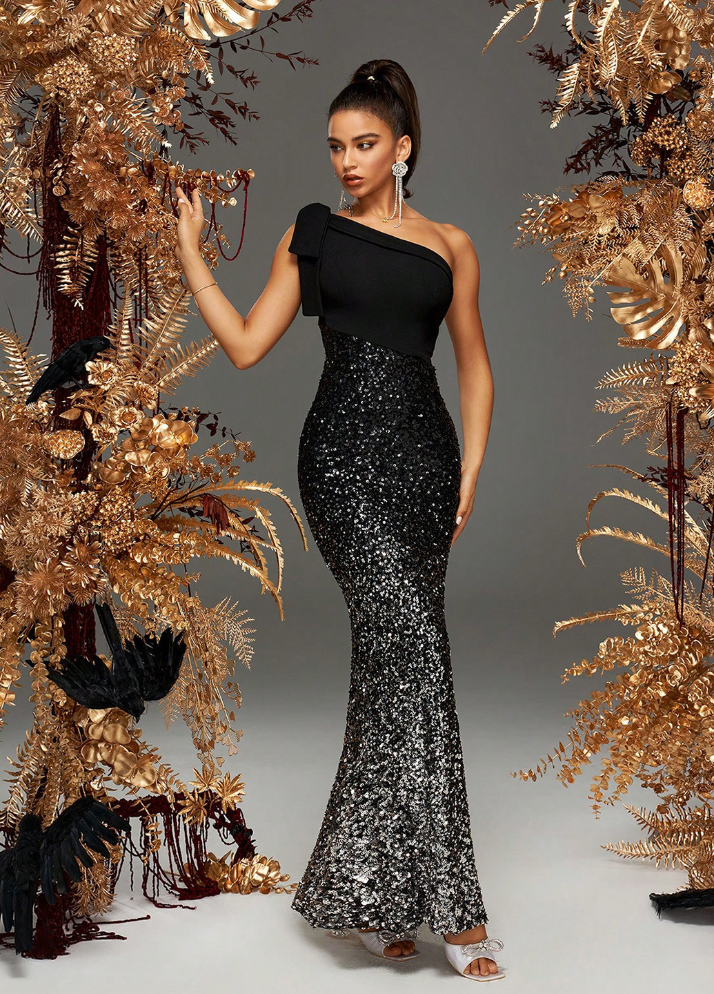 Черное вечернее платье годе, на одно плечо SHEIN градиентное ("омбре")