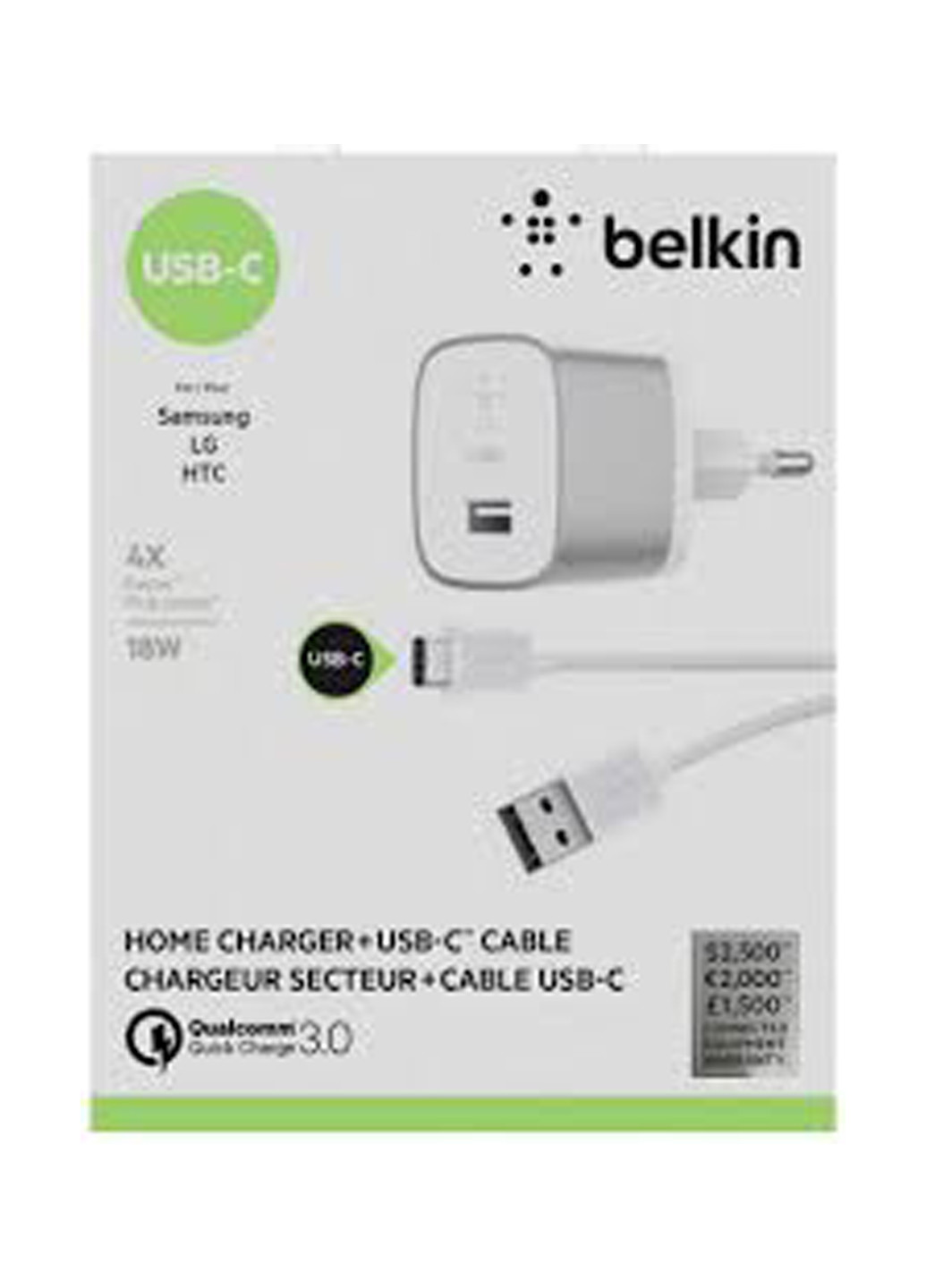 Сетевое ЗУ Belkin USB-3.0 Quick Charge™ with USB-A to USB-C™ Cable 1.2m, 18W, Silver (F7U034VF04-SLV) серебристое